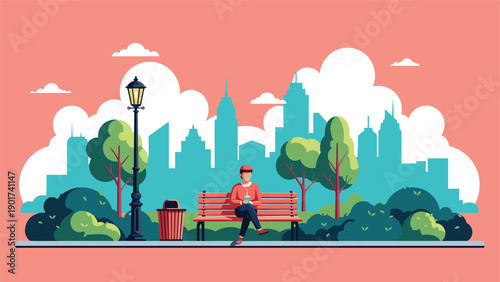 Peaceful city life concept showing a man sitting on a park bench with a cup of coffee against a backdrop of urban skyscrapers.