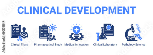 Clinical Development web banner icon concept, with Clinical Trials, Pharmaceutical Study, Medical Innovation, Clinical Laboratory.