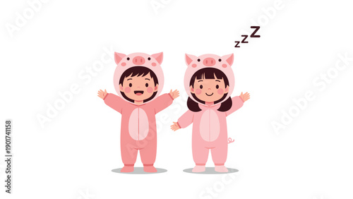 Cute young children wearing pink pig onesies or pajamas with one child sleeping and the other celebrating a festive holiday event.
