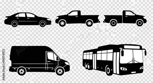 Collection of Silhouetted Vehicles on Transparent Background.