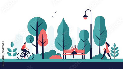 Outdoor recreation and leisure activities in a public park with people walking, cycling, and sitting on benches under green trees.