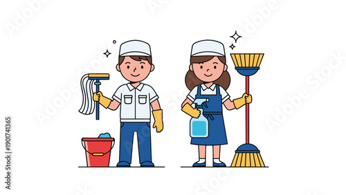 Professional janitorial services characters featuring a male and female cleaner with a mop, bucket, broom, and spray bottle equipment.