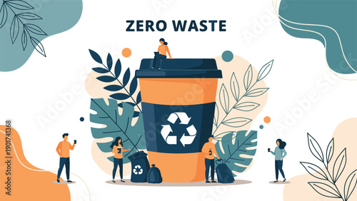 Sustainable living and zero waste concept featuring a giant reusable coffee cup with people practicing recycling and eco-friendly habits.