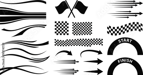 Collection of racing elements including checkered flags and speed graphics isolated on transparent background