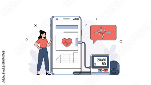Young woman monitoring her vital signs like heart rate and blood pressure using a digital medical device connected to a smartphone app.