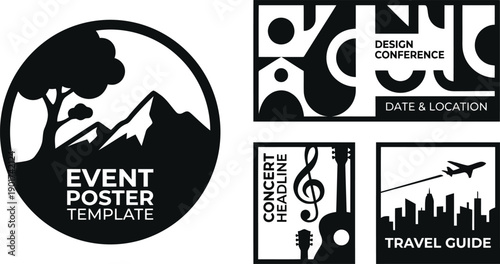 Black and white event poster templates collection for design conference and travel guide