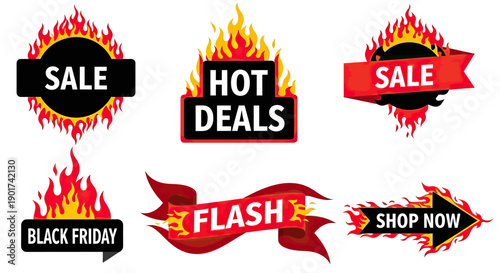 Collection of fiery sale and hot deals banners for marketing and promotions.