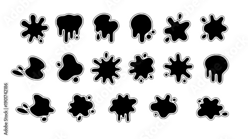 A collection of abstract ink splash and paint blot shapes for grunge designs.