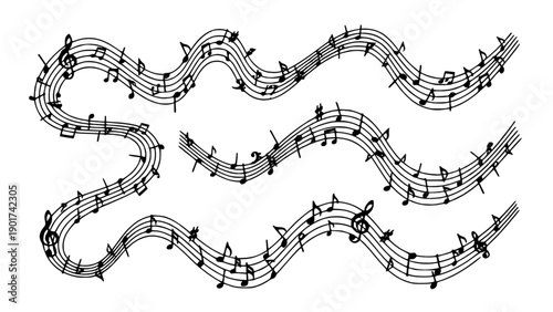 Decorative musical note borders in flowing line style for music and art projects.