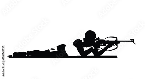 Winter Olympics Sharp black silhouette of an athlete in a prone shooting position, aiming a high-powered rifle with precision, perfect for illustrating sports, competition, or target practice