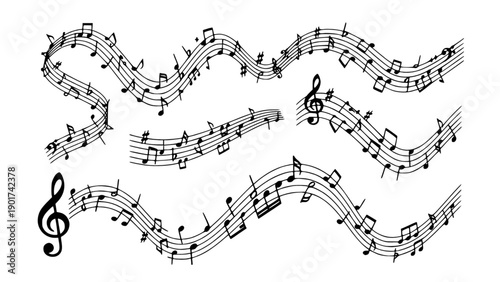 A collection of wavy music staff lines with notes, ideal for creative music illustrations.
