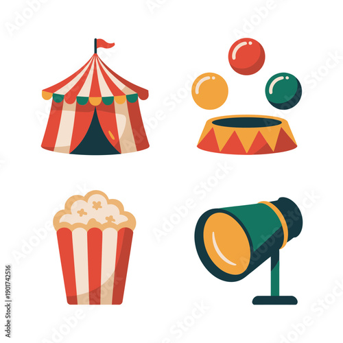 Circus festival icons, big top tent, popcorn bucket, juggling balls, spotlight stage, family show event poster, performance session vector design