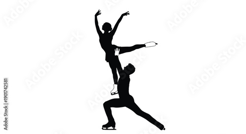 WinteDynamic silhouette of a figure skating pair performing an impressive lift, with the female skater gracefully reaching upwards, symbolizing balance, athleticism, and elegance in synchronized sport