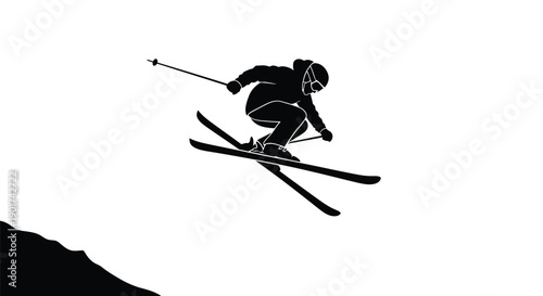 Winter Olympics Silhouette of a skier performing a jump against a plain background, showcasing athletic skill and winter sports