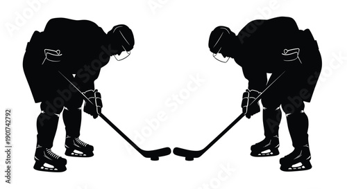 Winter Olympics Two opposing hockey players facing each other with sticks ready for a face-off on a white background