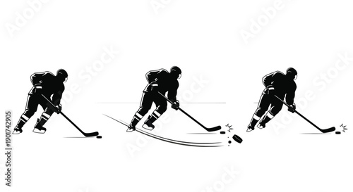 Winter Olympics Dynamic sequence of an ice hockey player executing a powerful slap shot, captured in a striking black and white silhouette illustration depicting stick and puck in motion
