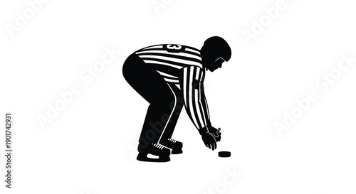 Winter Olympics Dynamic silhouette of an ice hockey referee in action, preparing for a face-off with the puck, ideal for sports event branding and graphic designs