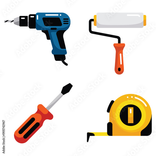 Home improvement tools icon set with electric drill screwdriver paint roller and tape measure for renovation repair workshop projects