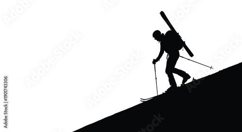 Winter Olympics Vector silhouette illustration of a solo mountaineer engaged in an arduous uphill climb, carrying skis and poles, epitomizing the spirit of ski touring adventure