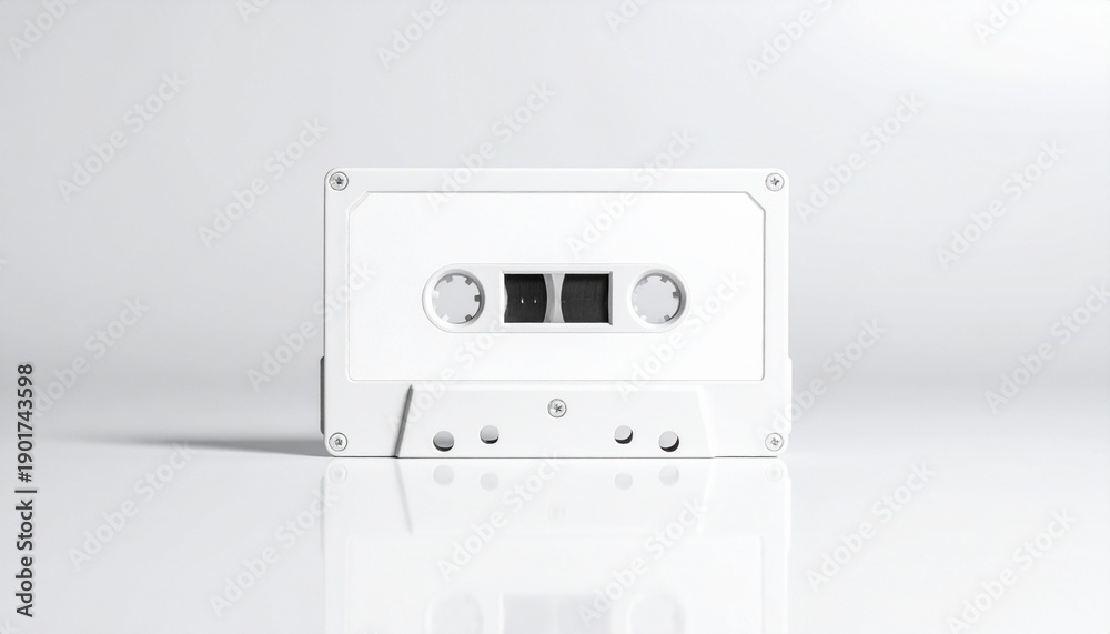Fototapeta premium Classic white audio cassette tape on a pristine reflective surface, evoking retro music memories and vintage sound