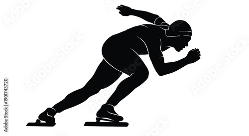 Winter Olympics Dynamic silhouette of a professional speed skater in a powerful push-off stance, capturing the essence of competitive ice sports and athletic performance with speed and focus