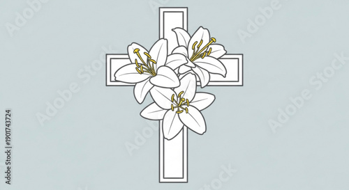 White lily flowers on a simple cross symbol with gray background representing faith and spirituality in a minimalist style