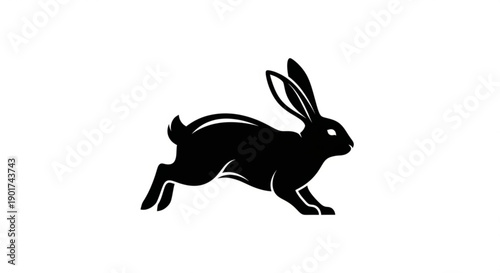 Black silhouette of a running rabbit with long ears on white background symbolizing speed and agility in a minimalist graphic design