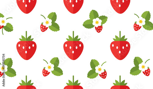 A colorful vector graphic of a strawberry pattern with flowers and leaves
