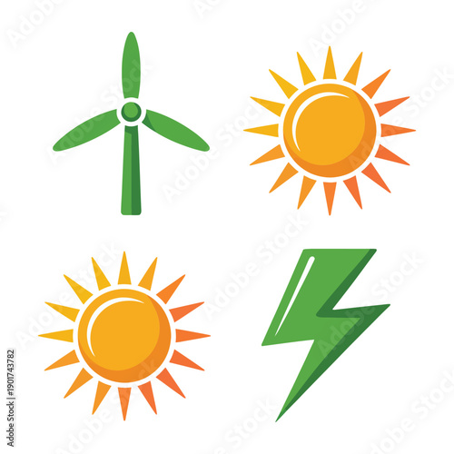 Renewable energy icons with wind turbine, sun and lightning, eco expo banner, solar workshop schedule, wind power training session