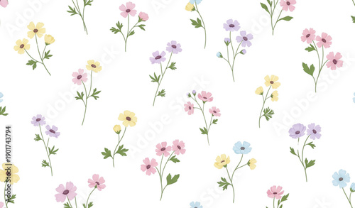 Fotografie A colorful floral pattern of small flowers on a white background