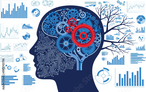 Artificial intelligence brain illustration, data analytics visualization, machine learning concept, digital mind with charts, technology innovation, business intelligence design
