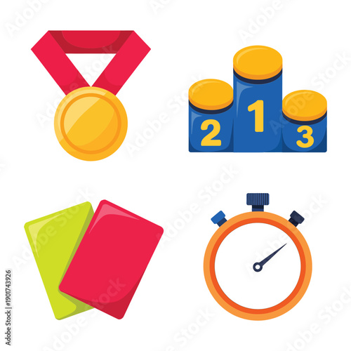 Referee equipment icons with medal, podium, stopwatch and cards, officials clinic poster, rules review session, assessment checklist materials provided