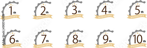 1周年から10周年まで使えるアニバーサリー記念バッジセット｜王冠と星をあしらった上品でシンプルな周年ロゴ・装飾エンブレム素材