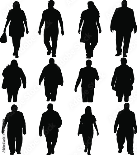 Large set of overweight and obese people silhouettes walking in a group, diverse collection of front view full body figures