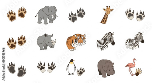 Collection of African Safari Animal Illustrations and Paw Prints.