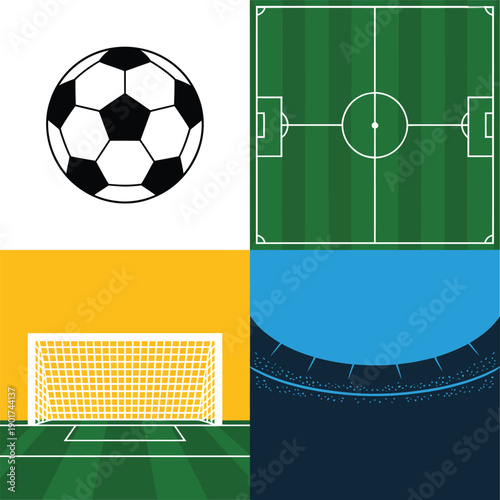 Soccer collage icons, ball, stadium stands, net goal, green pitch, sports festival poster design, fan meetup session graphics vector