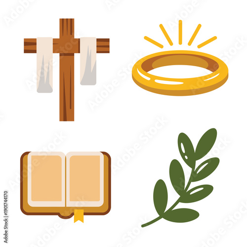 Easter service icons, wooden cross, scripture book, halo ring, olive leaves, church event branding, sunrise worship session artwork vector