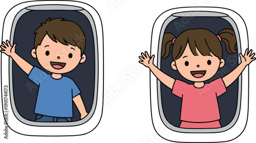 Children waving from airplane windows, happy kids traveling, family vacation flight, childhood travel excitement, smiling passengers on plane, airline journey, holiday adventure