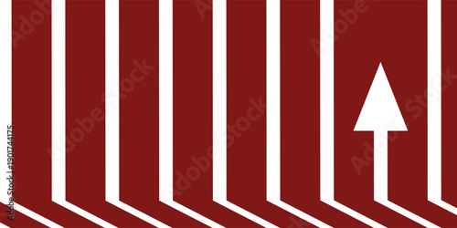 Abstract design featuring vertical red and white stripes bending at the bottom, with a prominent white upward-pointing arrow on one of the red stripes, symbolizing progress and direction.
