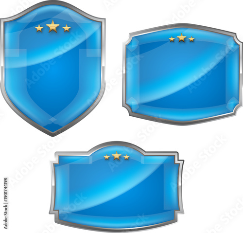 星付きの青いシールド型バッジとエンブレムのセットイラスト　評価ランクや信頼性を表現できる光沢感のあるビジネス向け認証デザイン素材