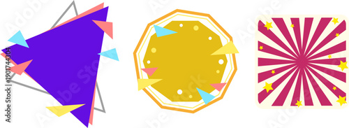 幾何学シェイプと紙吹雪風装飾を組み合わせたポップなアイキャッチ背景セット｜イベント告知やタイトル演出に使えるカラフルデザイン素材