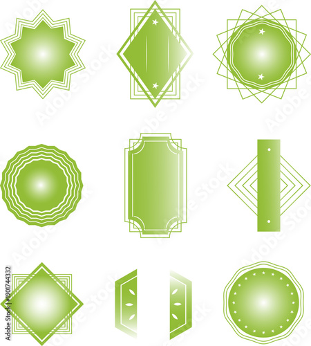 発光感のあるグリーングラデーション幾何学フレーム装飾セット｜ナチュラルで安心感のあるタイトル表示や認証ラベルに使えるデザイン素材