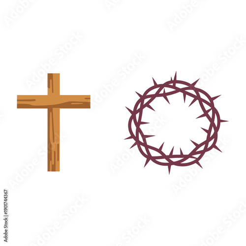 Wooden cross and crown of thorns icons for Lent devotion, Good Friday resources, Passion week church graphics, sermon slides