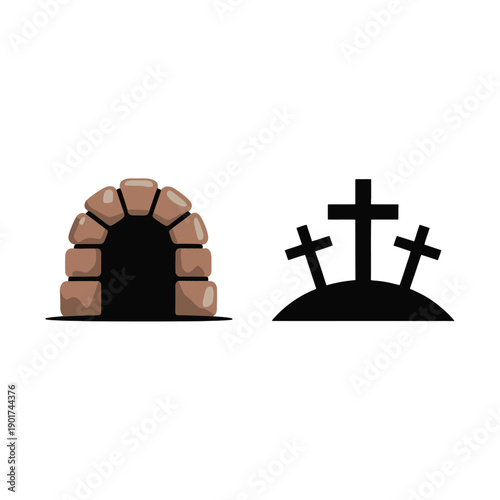 Empty stone tomb with crosses icons for Easter resurrection Sunday, church bulletin, bible lesson, inspirational faith graphic resources pack