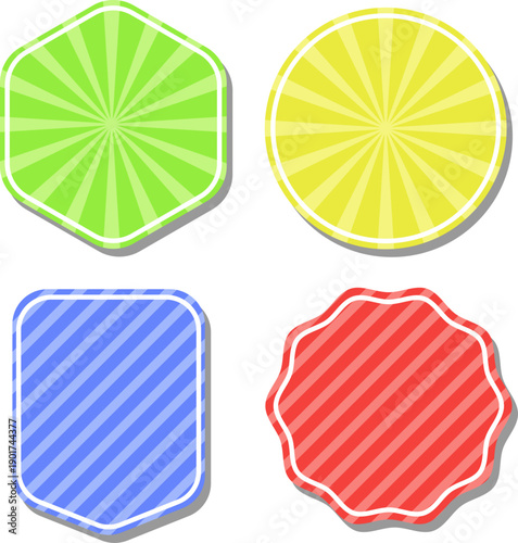 放射線とストライプ背景を組み合わせたカラフルなバッジ型ラベルイラストセット｜六角形・円形・角丸・波型のポップな装飾フレーム素材、セール告知やアイコンに使えるデザイン