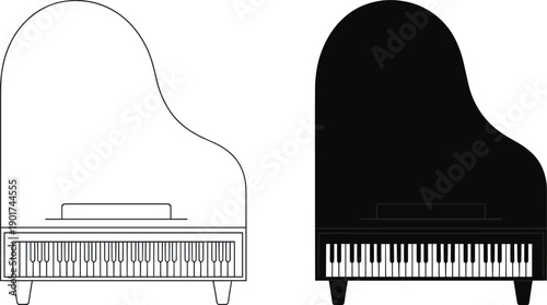 Minimalist Grand Piano Vector Illustration Set Featuring Top View Outline and Solid Black Silhouette Icons for Musical Design and Artistic Projects