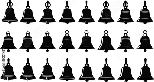 Vector, black, silhouette, illustration, set, of, various, bells, for, notifications, alerts, christmas, decoration, church, school, wedding, and, vintage, hand, bell, alarm, system, design