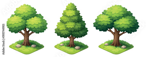 Cartoon tree set featuring different types of green trees on grass patches with rocks for game development and nature scenes