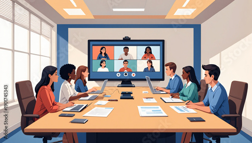 Business Conference Room with Virtual and In-Person Teamwork