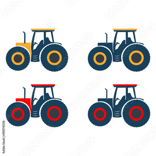Four cartoon-style tractors with yellow and red accents, depicted in a simple flat illustration style.